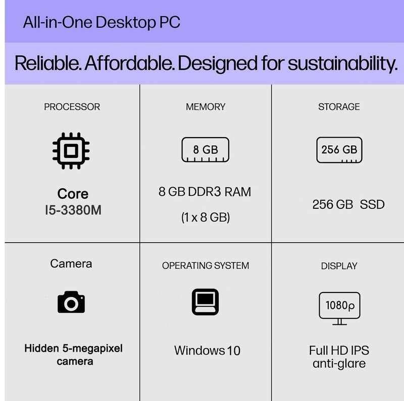 كمبيوتر مكتبي متكامل بشاشة لمس، مقاس 27 بوصة، مزود بمعالج Intel Core i5-3380M، وذاكرة وصول عشوائي 8 جيجابايت DDR3، وقرص تخزين SSD بسعة 256 جيجابايت، وشاشة بدقة 1920 × 1080 بكسل، ومكبر صوت مدمج، وكاميرا مخفية قابلة للسحب بدقة 5 ميجابكسل، ولوحة مفاتيح سلكية باللغة العربية، وفأرة سلكية. arabic - Image 2